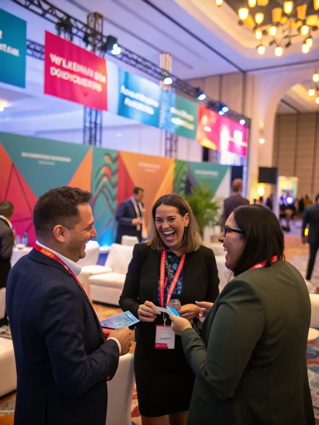 A photograph capturing a networking event at the Annual Tech Innovation Conference in Calgary, Canada, with attendees engaging in conversations and exchanging business cards in a modern, tech-focused setting.