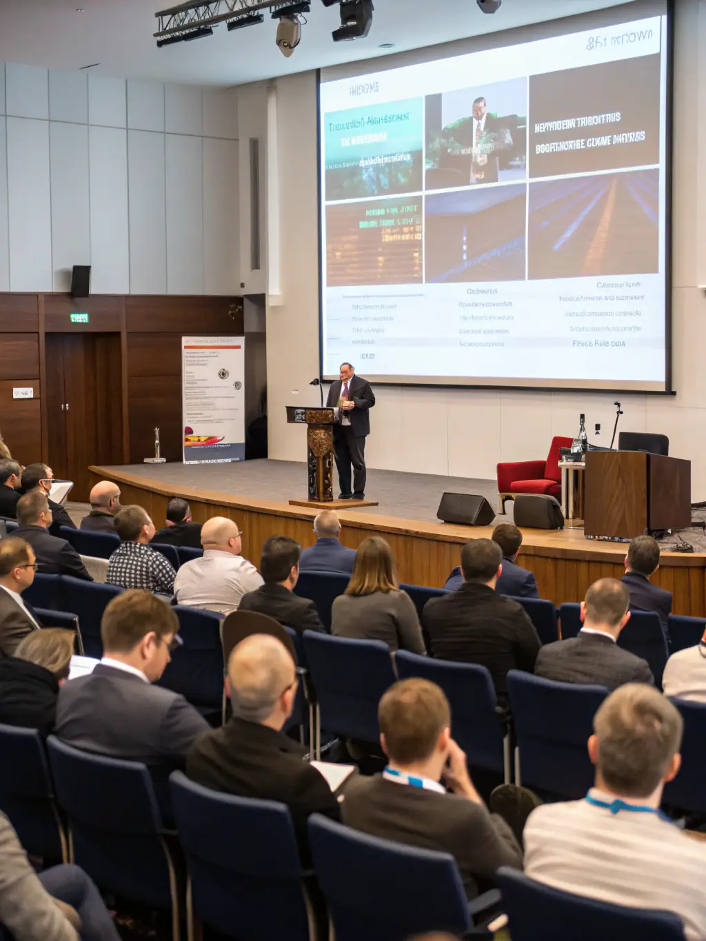 A photograph capturing a keynote speaker passionately addressing a large audience at the Annual Tech Innovation Conference in Toronto, Canada, with the Canadian flag subtly displayed in the background.