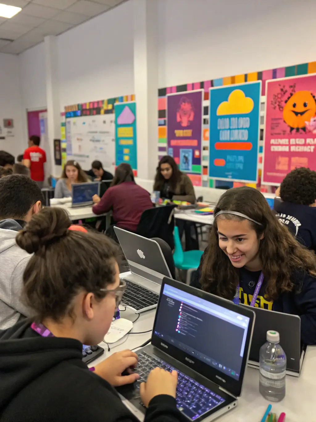 A photograph showcasing an interactive workshop session at the Annual Tech Innovation Conference in Montreal, Canada, where participants are actively engaged in coding and problem-solving activities.