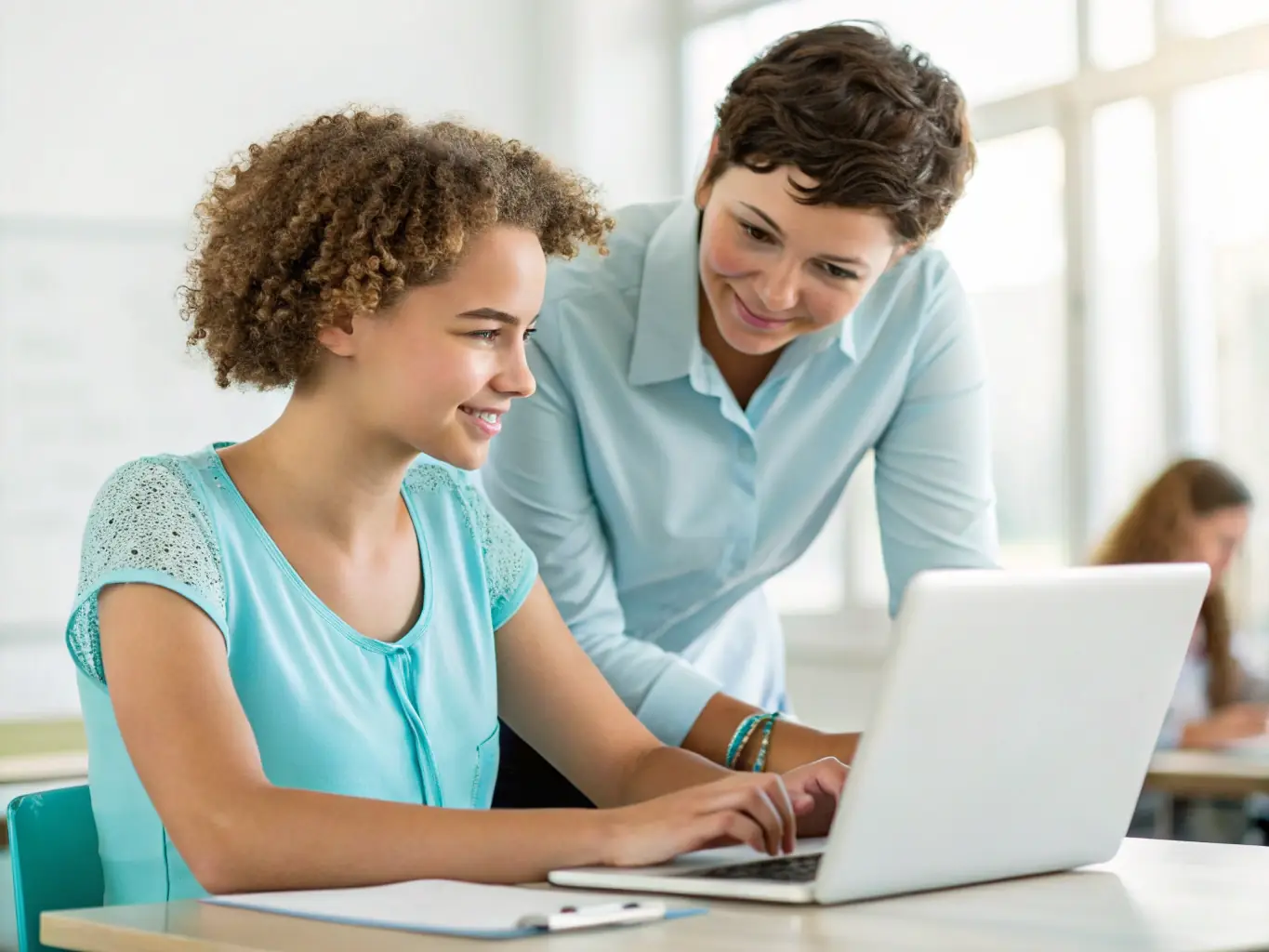 A close-up shot of a workshop participant coding on a laptop, with a mentor guiding them. The atmosphere is collaborative and focused on practical learning.