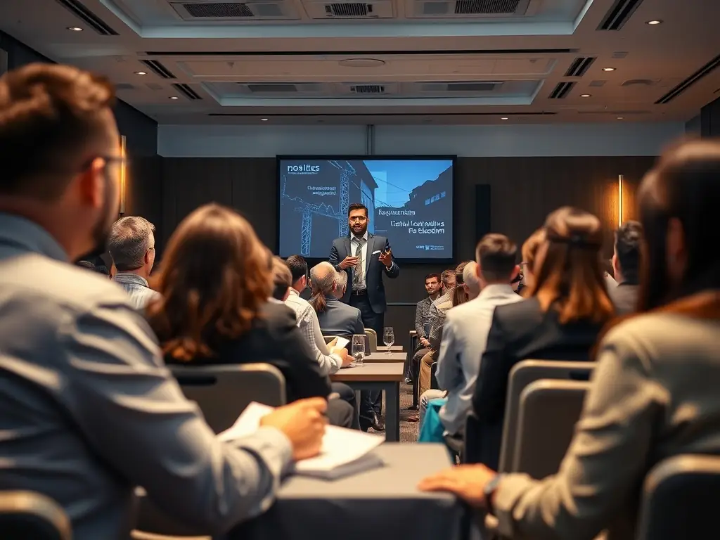 A photograph of a conference room during a keynote speech at TechConclave, with attendees listening attentively and a speaker on stage presenting data visualizations.